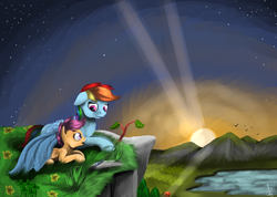 Size: 5900x4200 | Tagged: safe, artist:vinicius040598, rainbow dash, scootaloo, bird, pegasus, pony, g4, absurd resolution, cliff, duo, duo female, female, filly, floppy ears, flower, foal, grass, hug, lake, leaves, lying down, mare, mountain, mountain range, open mouth, prone, scootalove, signature, sky, stars, sunrise, sunset, water, winghug