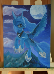 Size: 1500x2051 | Tagged: safe, artist:rallerae, princess luna, g4, female, flying, moon, night, oil painting, painting, s1 luna, solo, traditional art