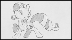 Size: 540x304 | Tagged: safe, artist:rad-man, rarity, g4, eyes closed, female, looking up, monochrome, raised hoof, simple background, sketch, solo, standing, traditional art, white background