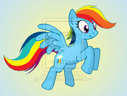 Size: 600x453 | Tagged: dead source, safe, artist:tompreston, rainbow dash, pegasus, pony, g4, female, flying, mare, smiling, solo, spread wings, watermark