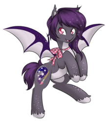 Size: 2978x3279 | Tagged: safe, artist:askbubblelee, oc, oc only, oc:midnight mural, bat pony, pony, bipedal, cute, fangs, fluffy, freckles, high res, looking at you, open mouth, rearing, ribbon, simple background, smiling, solo, spread wings, transparent background, unshorn fetlocks