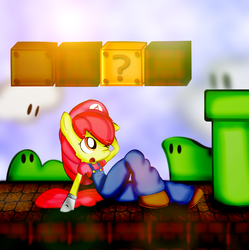 Size: 1700x1708 | Tagged: safe, artist:midnightmint-1, apple bloom, earth pony, semi-anthro, g4, ? block, arm hooves, crossover, female, male, mario, nintendo, solo, super mario bros.