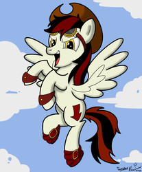 Size: 1327x1600 | Tagged: safe, artist:nexivian, oc, oc only, oc:arrow slingshot, pegasus, pony, boots, cowboy hat, cufflinks, cuffs (clothes), fanart, flying, goggles, hat, solo