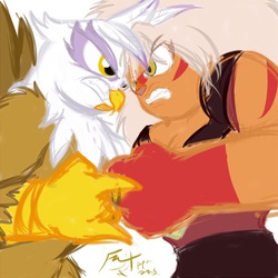 Size: 768x768 | Tagged: safe, artist:frist44, gilda, gem (race), griffon, g4, crossover, duo, duo female, female, gem, jasper (mineral), jasper (steven universe), mineral, quartz, red striped jasper, steven universe