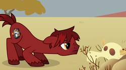 Size: 2772x1543 | Tagged: safe, artist:topas-art, oc, oc only, oc:charred remnant, earth pony, pony, cow skull, crouching, cutie mark, dead, desert, freckles, male, skull, solo, stallion