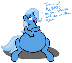 Size: 1280x1132 | Tagged: safe, artist:fatbelliedlyramod, artist:zeldafan777, trixie, pony, unicorn, g4, belly, dialogue, fat, female, mare, simple background, solo, stuffed, the great and bountiful trixie, weight gain, white background