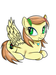 Size: 1536x2048 | Tagged: safe, oc, oc only, pegasus, pony, bdm facebook, female, jewelry, leaf, looking back, lying down, necklace, pegasus oc, prone, simple background, solo, spread wings, wings