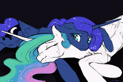 Size: 1280x853 | Tagged: safe, artist:silfoe, princess celestia, princess luna, alicorn, pony, royal sketchbook, g4, comforting, crying, eyes closed, female, mare, silfoe is trying to murder us, simple background, smiling