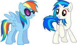 Size: 4312x2527 | Tagged: safe, artist:shelmo69, dj pon-3, rainbow dash, vinyl scratch, pegasus, pony, unicorn, g4, accessory swap, cutie mark, female, hooves, horn, mare, missing accessory, red eyes, simple background, smiling, spread wings, sunglasses, teeth, transparent background, vector, wings, wrong eye color