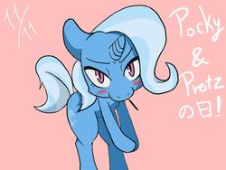 Size: 1024x768 | Tagged: safe, artist:jyanome, trixie, pony, unicorn, g4, blushing, female, japanese, mare, mouth hold, pocky, solo