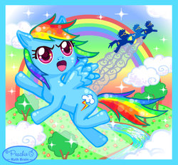 Size: 662x615 | Tagged: safe, artist:princess-peachie, rainbow dash, pegasus, pony, g4, anatomically incorrect, cute, dashabetes, flying, incorrect leg anatomy, looking at you, rainbow, tree, wonderbolts