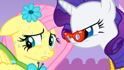 Size: 1366x768 | Tagged: safe, screencap, fluttershy, rarity, g4, suited for success, sweat