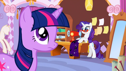 Size: 1366x768 | Tagged: safe, screencap, rarity, twilight sparkle, g4, suited for success, constellation dress, measuring tape, sewing