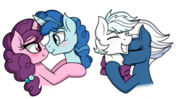 Size: 2560x1430 | Tagged: safe, artist:drako1997, double diamond, night glider, party favor, sugar belle, earth pony, pegasus, pony, unicorn, the cutie map, bedroom eyes, biting, blushing, boop, clothes, equal four, eyes closed, female, hickey, hug, kissing, love bite, male, mare, neck biting, neck kiss, nightdiamond, noseboop, partybelle, scarf, shipping, simple background, stallion, straight, transparent background