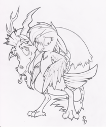 Size: 834x1000 | Tagged: safe, artist:dfectivedvice, discord, rainbow dash, bird, draconequus, g4, birdified, grayscale, monochrome, rainbird dash, species swap, traditional art