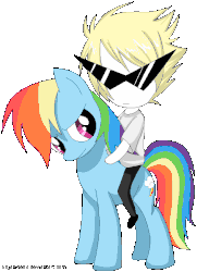 Size: 500x650 | Tagged: safe, artist:timeless-knight, rainbow dash, human, pony, g4, animated, crossover, dirk strider, duo, female, homestuck, humans riding ponies, male, mare, riding, sunglasses, wingless
