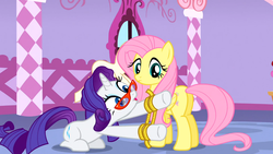 Size: 1366x768 | Tagged: safe, screencap, fluttershy, rarity, g4, suited for success, measuring tape