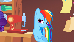 Size: 1366x768 | Tagged: safe, screencap, rainbow dash, g4, suited for success, art of the dress, carousel boutique, female, sewing machine, solo
