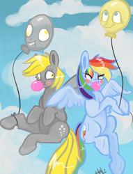 Size: 889x1164 | Tagged: safe, artist:lavendire, derpy hooves, rainbow dash, pegasus, pony, g4, balloon, bubblegum, cloud, cloudy, duo, female, sky