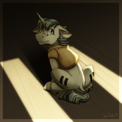 Size: 900x900 | Tagged: safe, artist:inuhoshi-to-darkpen, party favor, pony, unicorn, g4, the cutie map, equalized, male, our town, sad, solo, stallion, woobie