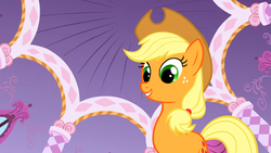 Size: 1366x768 | Tagged: safe, screencap, applejack, g4, my little pony: friendship is magic, suited for success, female, smiling, solo