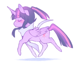 Size: 500x413 | Tagged: dead source, safe, artist:deerieres, twilight sparkle, alicorn, pony, g4, blushing, clothes, cute, eyes closed, female, mare, pastel, scarf, simple background, smiling, solo, transparent background, trotting, twilight sparkle (alicorn)