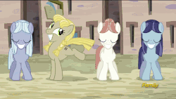 Size: 1280x720 | Tagged: safe, screencap, blueberry frosting, cloud brûlée, dusk drift, offbeat, earth pony, pegasus, pony, g4, the cutie map, animated, bucking, cute, dancing, equal cutie mark, eyes closed, female, grin, in our town, left shark, one of these things is not like the others, smiling