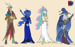 Size: 1377x859 | Tagged: safe, artist:jowyb, discord, princess celestia, princess luna, star swirl the bearded, anthro, plantigrade anthro, g4, arm band, beard, belt, bipedal, book, boots, clothes, coat, crown, dress, ethereal mane, facial hair, female, group, hat, jewelry, male, open mouth, pointing, quartet, regalia, robe, sash, shoes, simple background, stajding, tiara, wizard hat, yellow background
