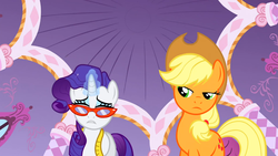 Size: 1366x768 | Tagged: safe, screencap, applejack, rarity, g4, suited for success