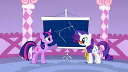 Size: 1366x768 | Tagged: safe, screencap, rarity, twilight sparkle, g4, suited for success, canis major, measuring tape