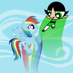 Size: 1000x1000 | Tagged: safe, artist:vmkhappy-panda, rainbow dash, human, pegasus, pony, g4, buttercup (powerpuff girls), cloud, crossover, flying, sky, the powerpuff girls