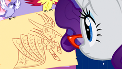 Size: 1366x768 | Tagged: safe, screencap, rarity, bird, pony, songbird, g4, suited for success, clothes, drawing, dress, female, frown, glasses, mare, solo