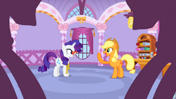 Size: 1366x768 | Tagged: safe, screencap, applejack, rarity, g4, suited for success