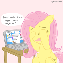 Size: 1024x1024 | Tagged: safe, artist:ayachiichan, fluttershy, pony, g4, the cutie map, computer, dialogue, even tweets don't make sense anymore, female, laptop computer, open mouth, simple background, solo, text, twitter