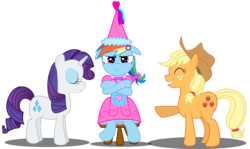 Size: 3243x1928 | Tagged: safe, artist:spellboundcanvas, applejack, rainbow dash, rarity, earth pony, pegasus, pony, unicorn, g4, clothes, dress, female, horn, humiliation, mare, rainbow dash always dresses in style, simple background, transparent background, unamused