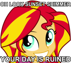 Size: 4551x4000 | Tagged: safe, sunset shimmer, equestria girls, g4, female, meme, smiling, solo, your day is ruined