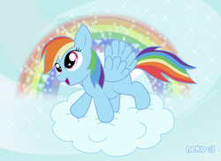 Size: 1750x1275 | Tagged: safe, artist:mcsadat, rainbow dash, g4, cloud, female, open mouth, rainbow, solo, spread wings, wings