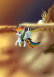 Size: 724x1024 | Tagged: safe, artist:hywther, rainbow dash, canterlot, cloud, cloudy, dusk, female, flying, moon, solo, stars, twilight (astronomy)