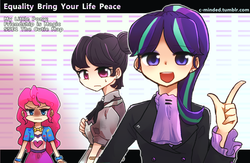 Size: 1280x832 | Tagged: safe, artist:c-minded, pinkie pie, starlight glimmer, sugar belle, human, g4, the cutie map, clothes, engrish, equestria girls outfit, humanized, skirt