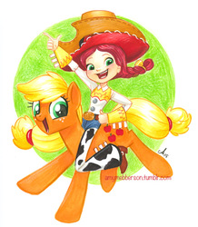 Size: 600x687 | Tagged: safe, artist:amy mebberson, applejack, g4, crossover, disney, doll, humans riding ponies, jessie (toy story), pixar, riding, toy story, toy story 2