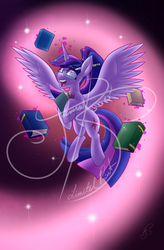 Size: 863x1313 | Tagged: safe, artist:jorobro, twilight sparkle, alicorn, pony, g4, alternate hairstyle, book, female, glasses, mare, solo, twilight sparkle (alicorn), watermark