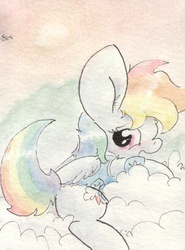 Size: 688x929 | Tagged: safe, artist:slightlyshade, rainbow dash, g4, backwards cutie mark, blushing, female, impossibly large ears, solo, traditional art