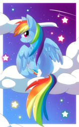 Size: 550x874 | Tagged: safe, artist:staarbits, rainbow dash, pegasus, pony, g4, backwards cutie mark, cloud, cute, dashabetes, female, mare, night, on a cloud, profile, shooting star, sitting, sky, smiling, solo, starry night, stars, watermark