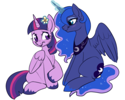 Size: 594x476 | Tagged: safe, artist:lulubell, princess luna, twilight sparkle, alicorn, pony, g4, blushing, female, flower, lesbian, magic, mare, ship:twiluna, shipping, simple background, sitting, transparent background, twilight sparkle (alicorn)