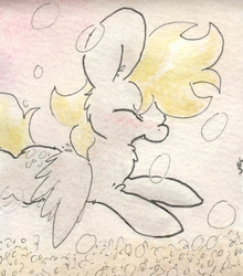 Size: 679x770 | Tagged: safe, artist:slightlyshade, derpy hooves, pegasus, pony, g4, bubble, female, mare, solo, traditional art