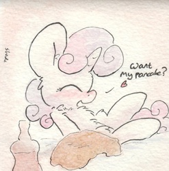 Size: 684x692 | Tagged: safe, artist:slightlyshade, sweetie belle, g4, female, pancakes, solo, syrup, traditional art