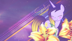 Size: 1920x1080 | Tagged: safe, artist:pixiepea, oc, oc only, oc:starfyre, pony, unicorn, eyes closed, flower, smiling, solo