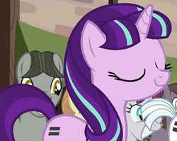 Size: 1281x1021 | Tagged: safe, screencap, amber tresses, berryroot, double diamond, rosemary, starlight glimmer, sunny song, pony, unicorn, g4, season 5, the cutie map, cropped, cute, equal cutie mark, eyes closed, female, glimmerbetes, mare, s5 starlight, smiling, solo focus, when she smiles