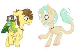 Size: 487x311 | Tagged: safe, artist:darabirb, oc, oc only, oc:pocky, oc:ronan, bird, classical unicorn, pony, unicorn, horn, leonine tail, slightly gay undertones, tailmouth