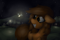 Size: 1280x853 | Tagged: safe, artist:marsminer, oc, oc only, oc:venus spring, firefly (insect), pony, unicorn, braces, cute, eyes on the prize, female, floppy ears, grin, happy, mare, night, night sky, sky, smiling, solo, squee, stars, teeth, tree, venus spring actually having a pretty good time